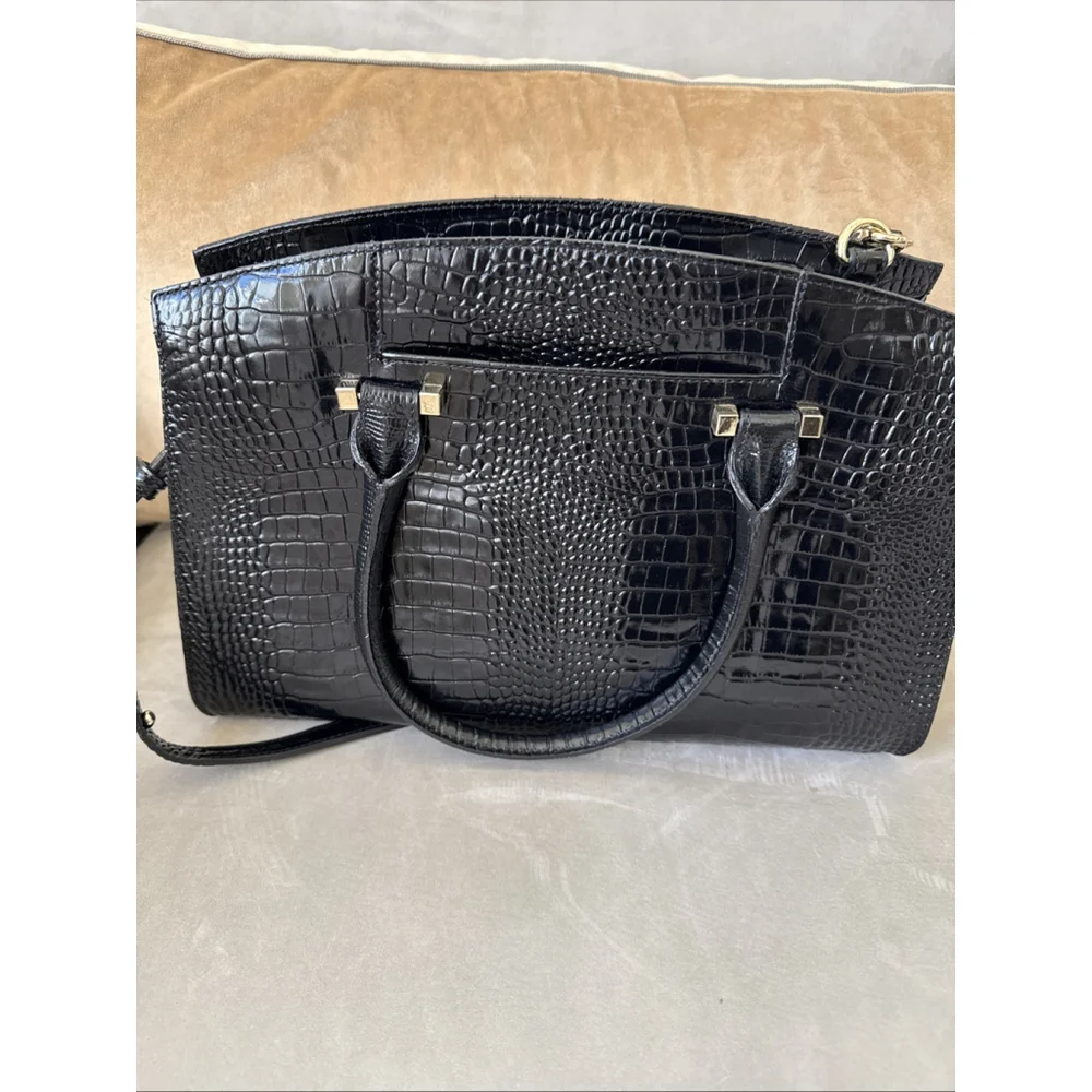 Brahmin Greta Large Creme Black Croc Embossed Leather Satchel